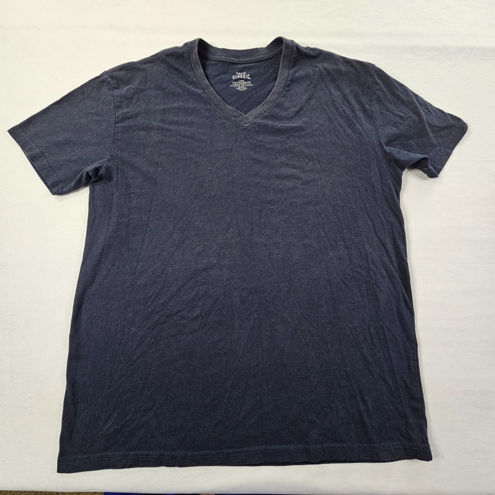 True Classic Blue Short Sleeve Cotton Blend V-Neck T-Shirt Men's L